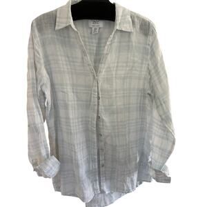 JNY Womens Linen Blouse M V-Neck Tunic Coastal Minimalist Coastal Preppy
